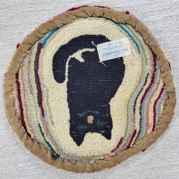 VTG Black Cat Fays Garret Seat Cushion Rug Round Hand Hook Loop Signed Folk Art - Picture 15 of 16